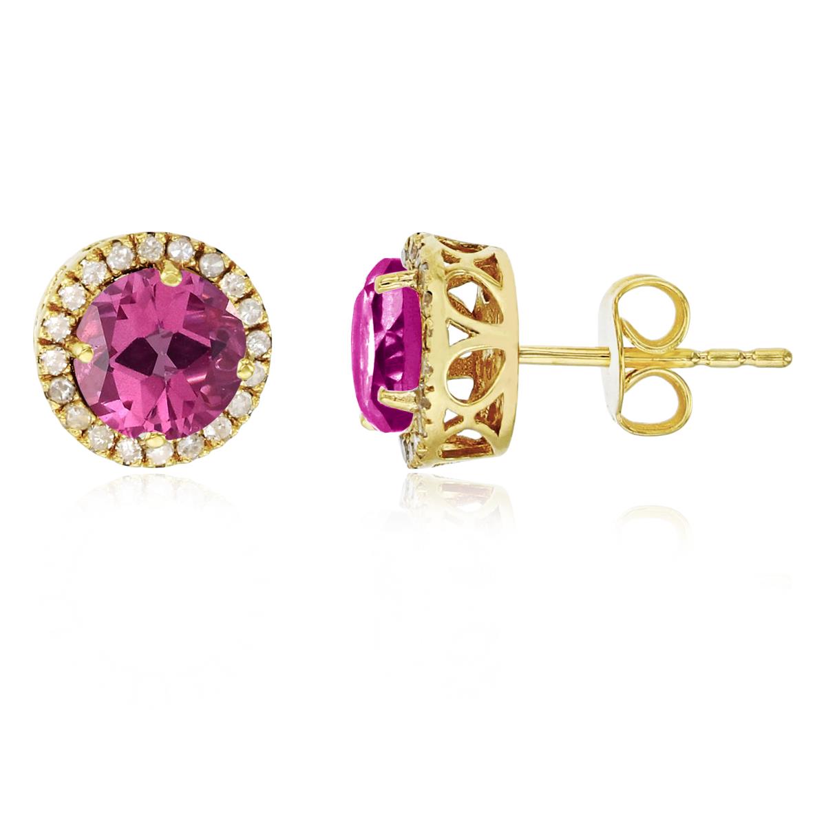 14K Yellow Gold 6mm Round Pure Pink & 0.2 CTTW Diamond Halo Stud Earring