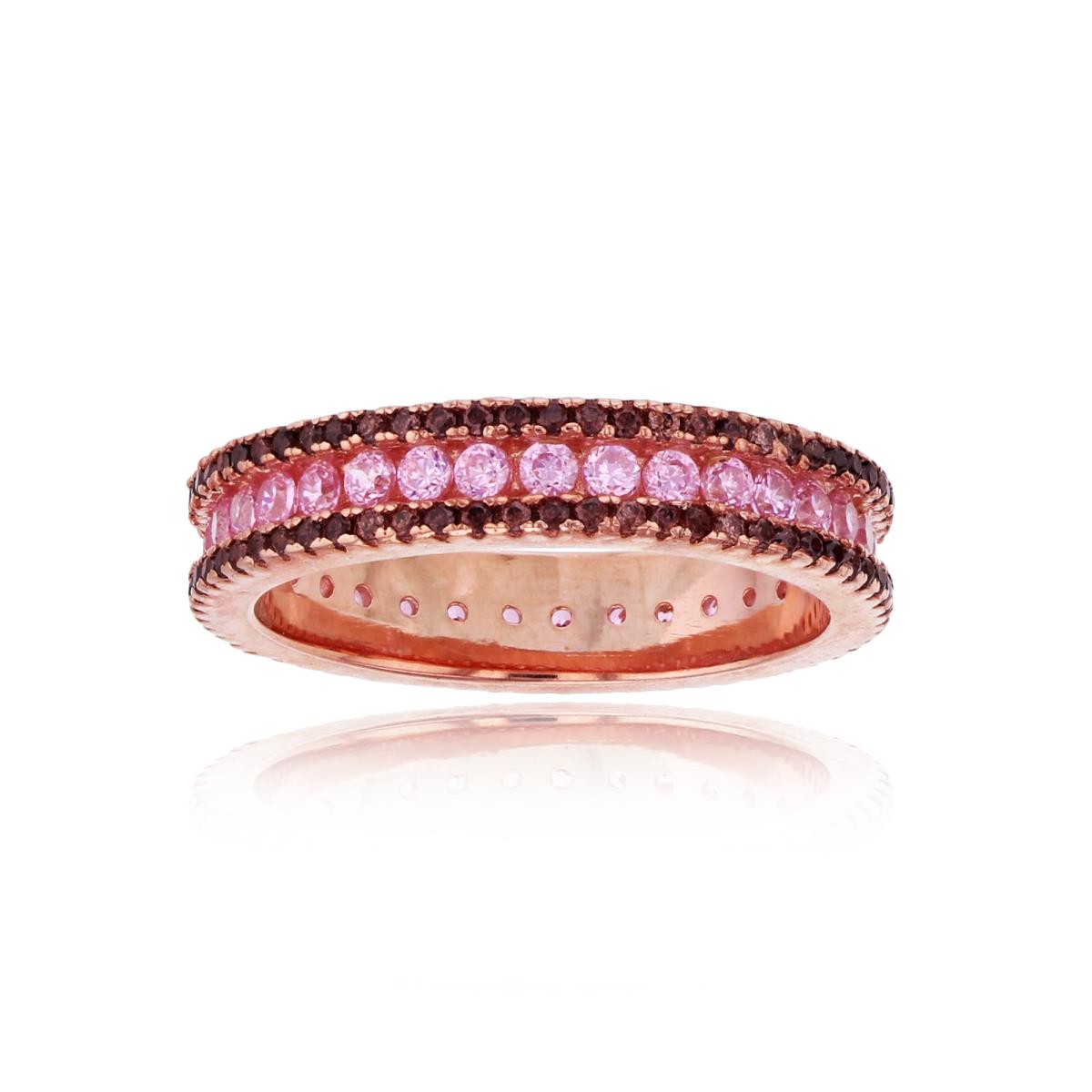 Sterling Silver Rose 3-Row Micropave Pink & Brown CZ Eternity Ring