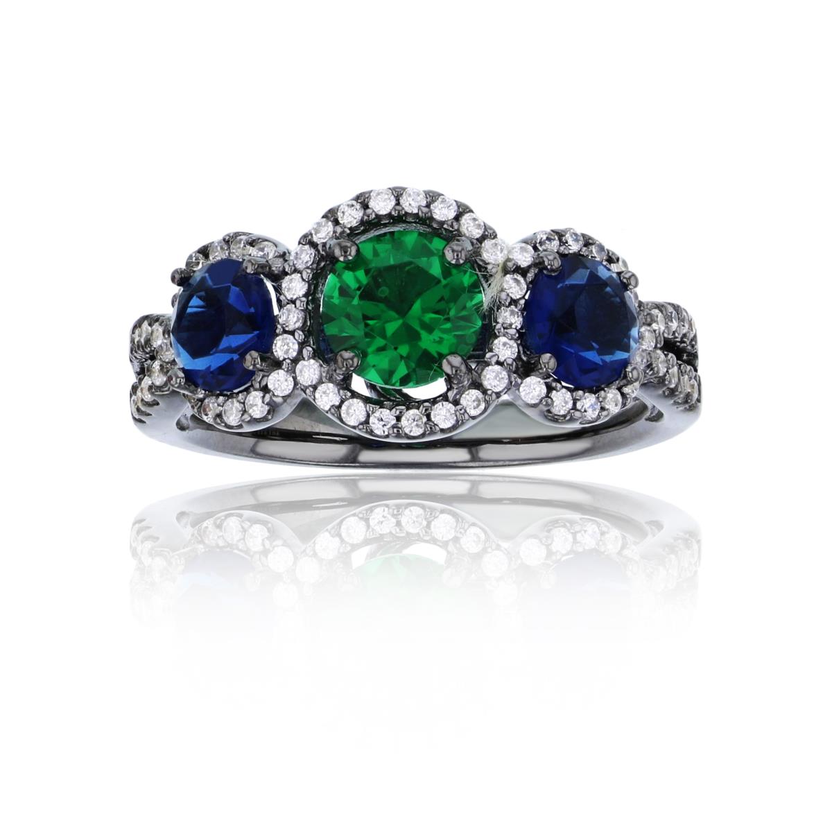 Sterling Silver Black 3-Stone Sapphire & Emerald Rd Cut CZ White Halo Fashion Ring