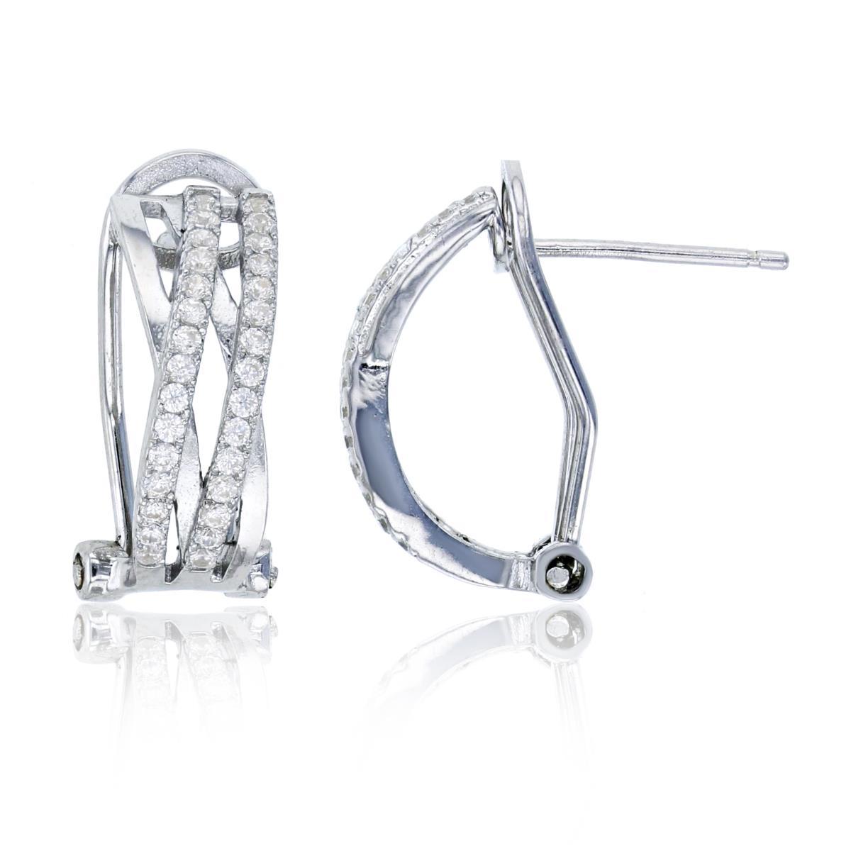 Sterling Silver Rhodium 16x8mm 4-Row Overlapped Omega-Back Huggie Earring