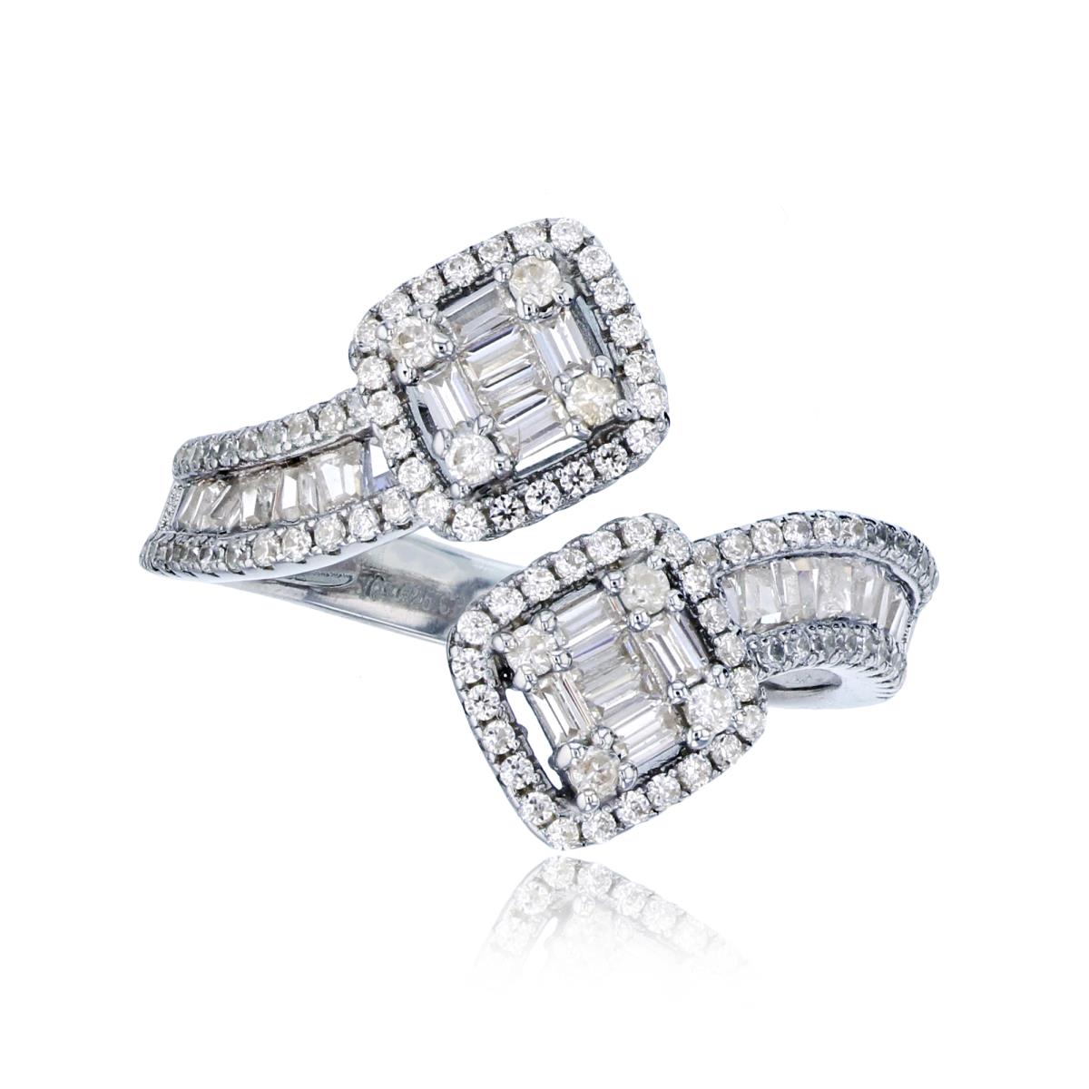 Sterling Silver Rhodium Micropave Rd Cut & Baguette CZ Square Bypass Adjustable Fashion Ring