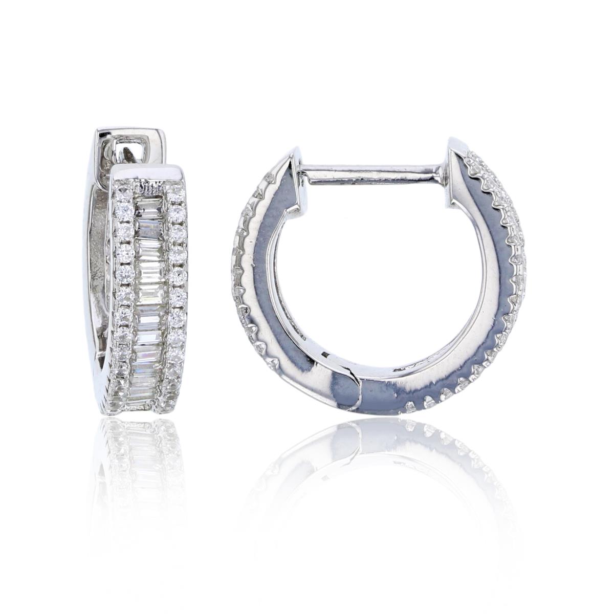 Sterling Silver Rhodium 15x4mm 3-Row Rd & Baguette CZ Huggie Earring