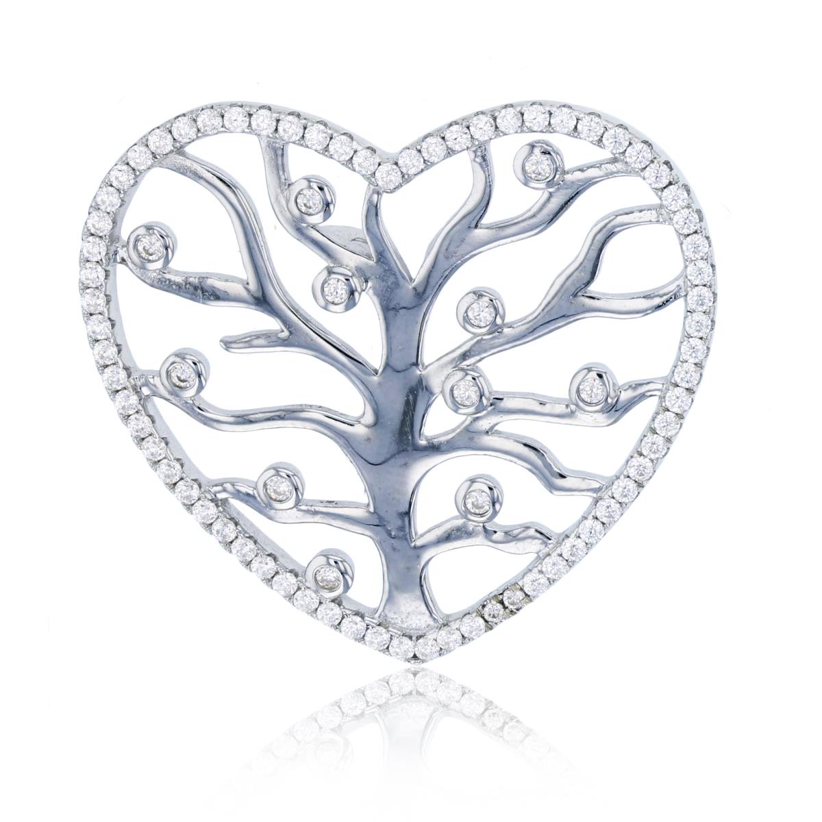 Sterling Silver Rhodium Polished Tree of Life within Micropave Heart Pendant