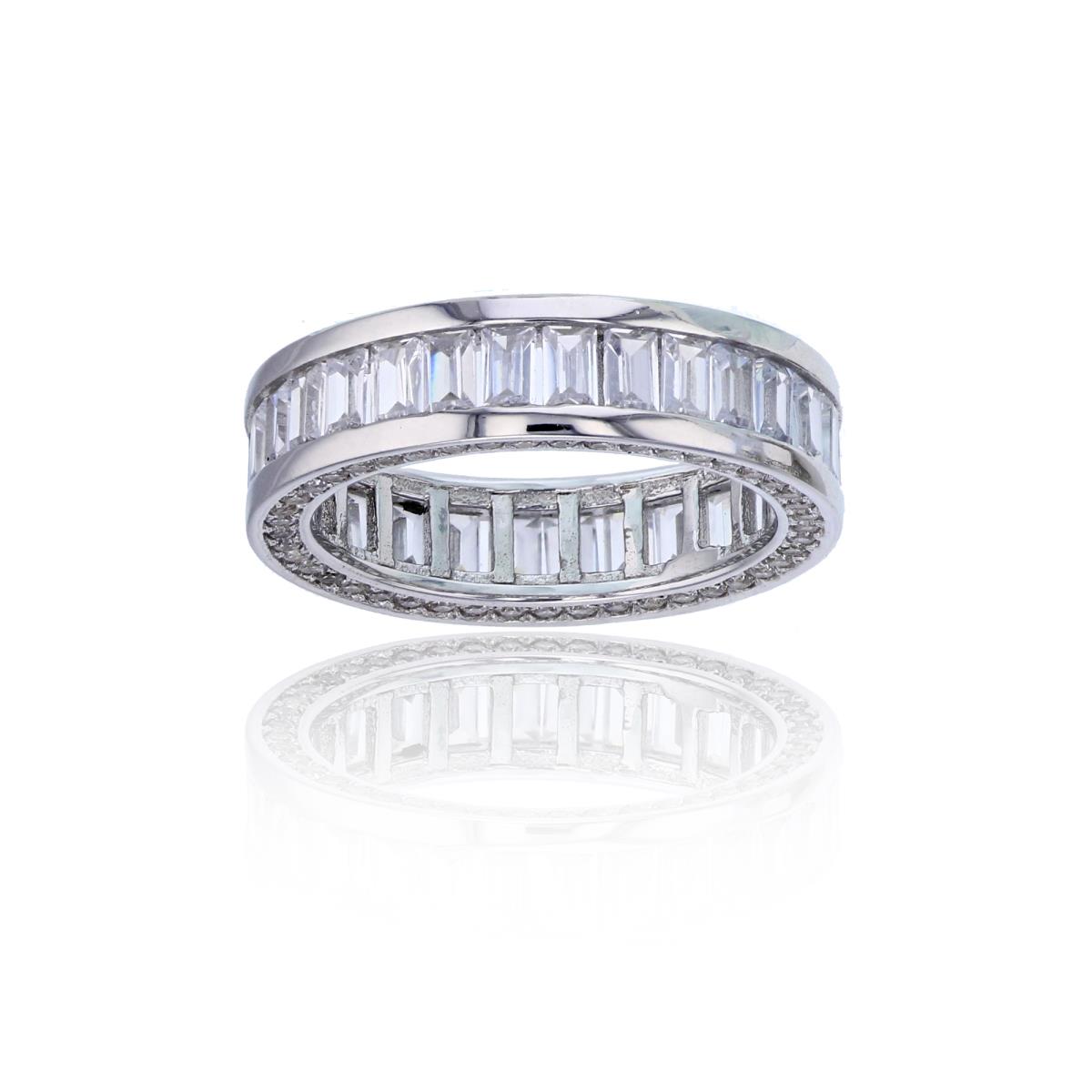Sterling Silver Rhodium Channel Set Baguette & Round CZ Sides Eternity Ring