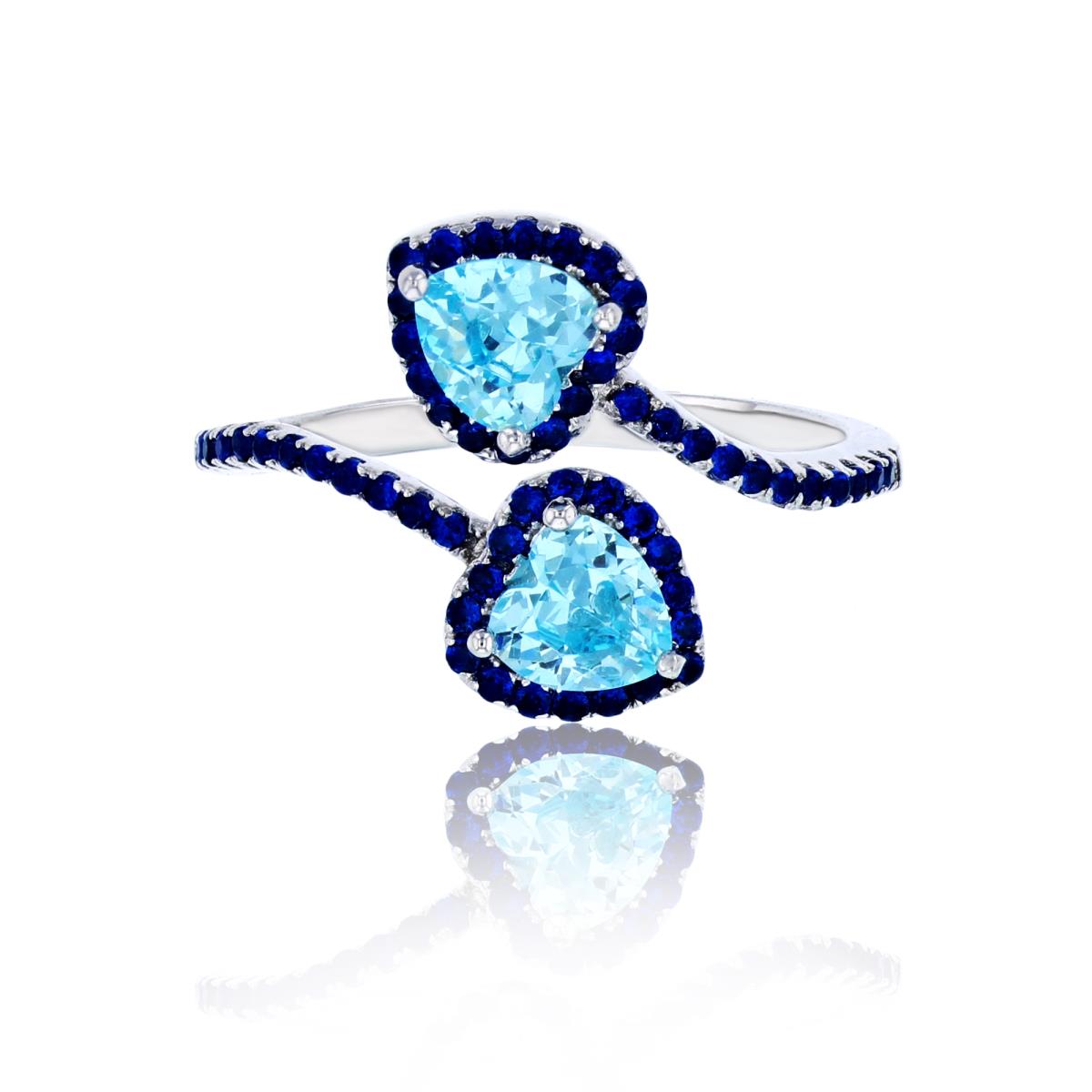 Sterling Silver Rhodium Aqua Heart Cut CZ Sapphire Halo Bypass Fashion Ring