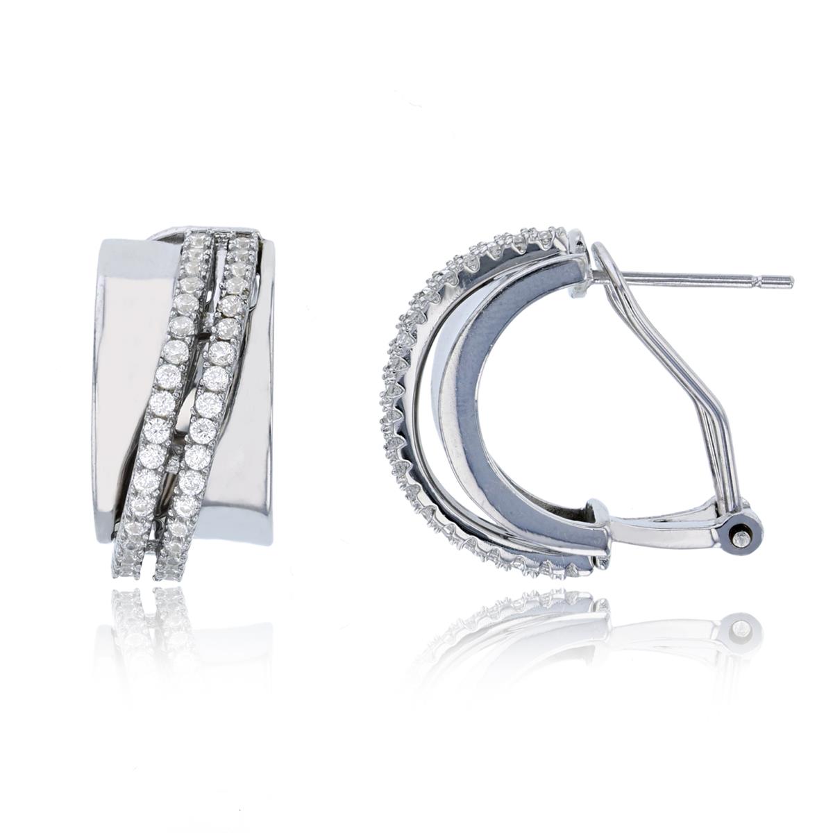 Sterling Silver Rhodium 18x9mm 2-Row CZ Polished Concave Omega-Back Huggie Earring