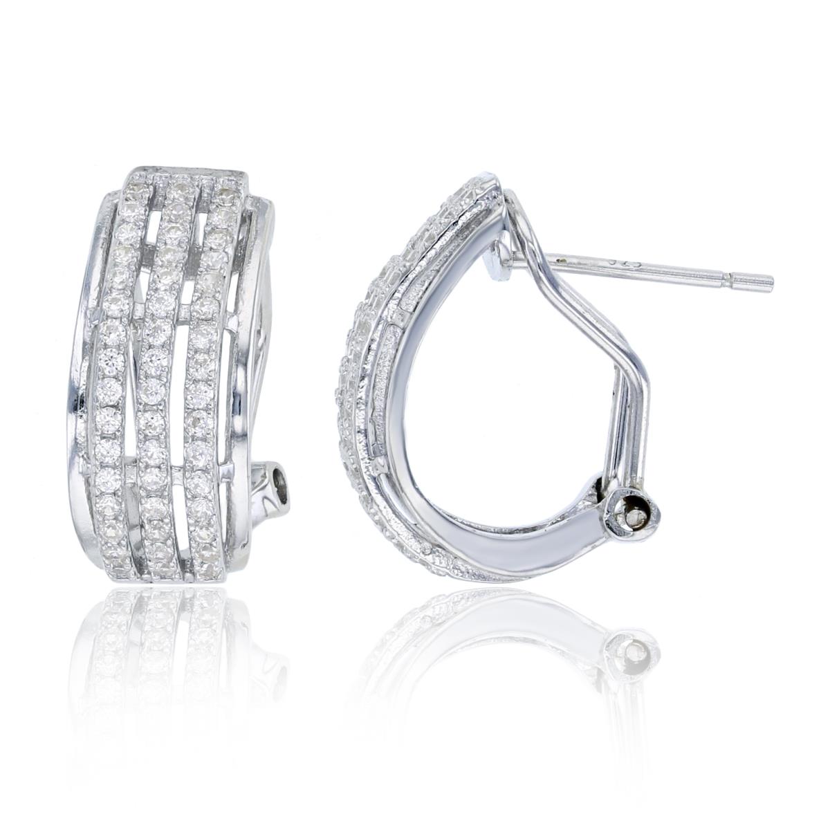 Sterling Silver Rhodium 16x7mm 3-Row Micropave CZ Omega-Back Huggie Earring