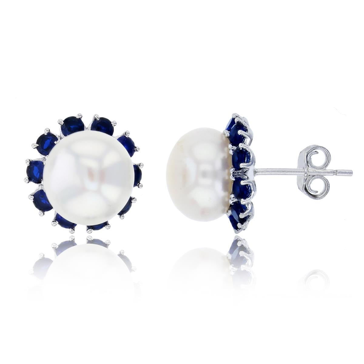 Sterling Silver Rhodium 10mm Freshwater Pearl with Sapphire Rd Cut CZ Flower Stud Earring