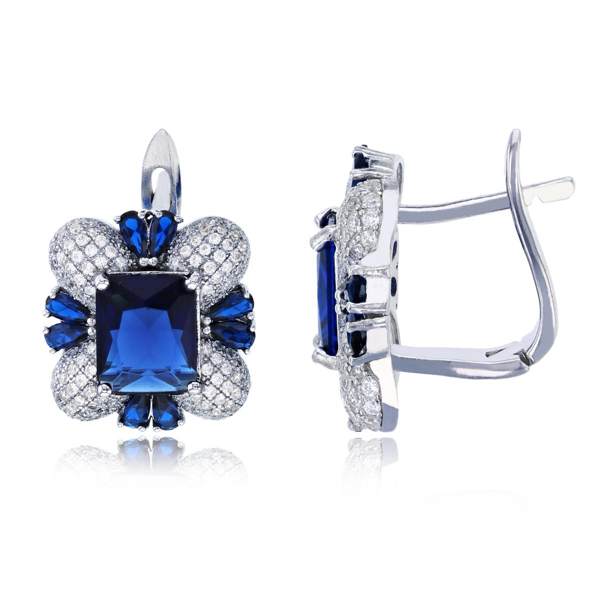 Sterling Silver Rhodium 8x6mm Sapphire Emerald Cut with Pear & White Rd CZ Latchback Earring