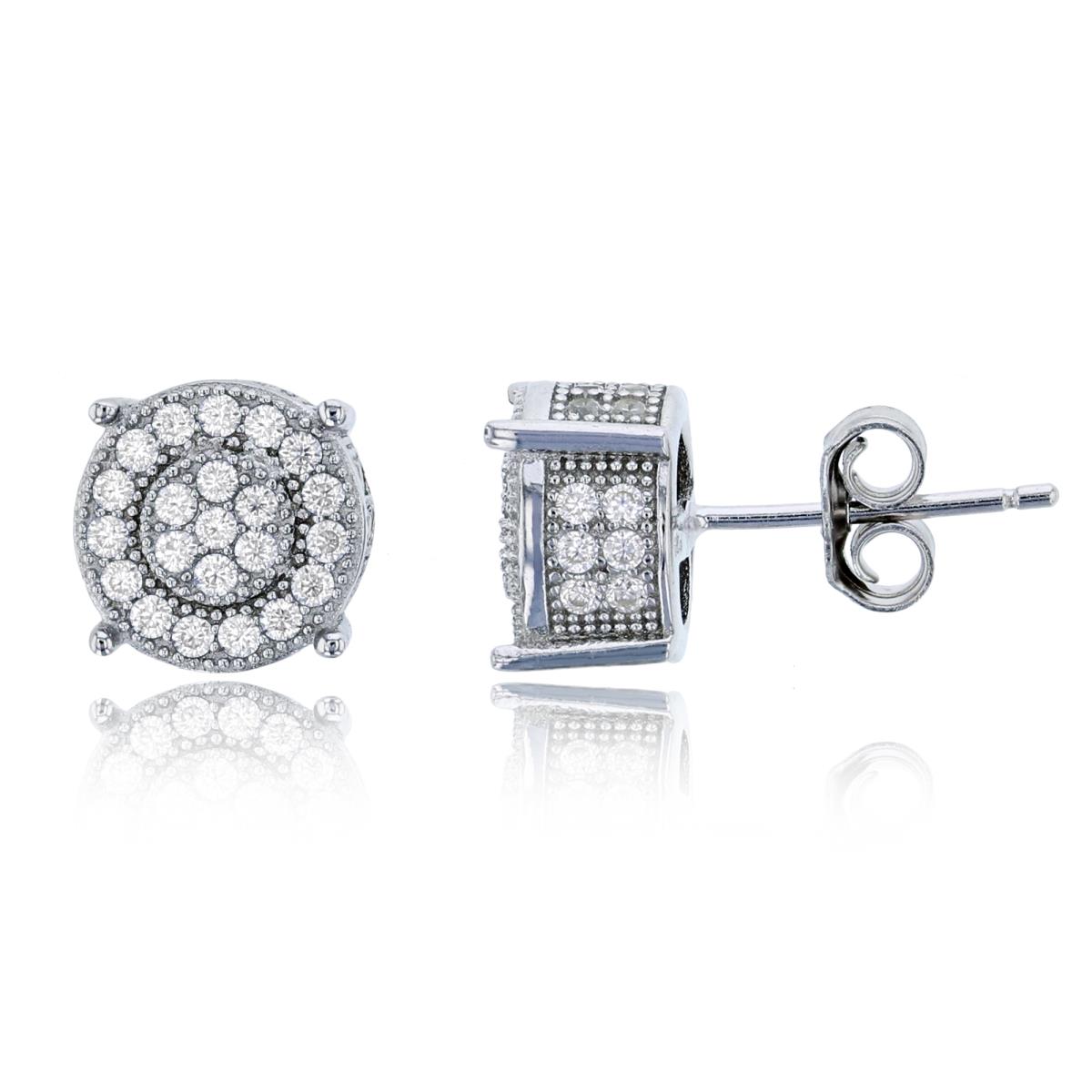 Sterling Silver Rhodium 9mm Micropave CZ 3D Circle Stud Earring