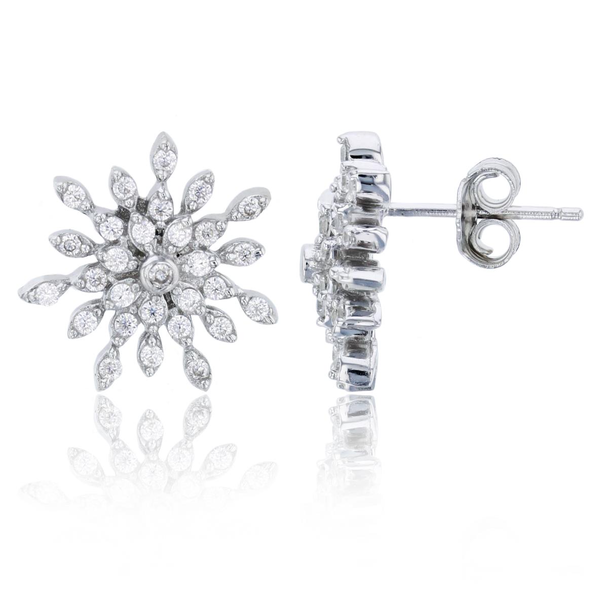 Sterling Silver Rhodium Micropave CZ Snowflake Stud Earring