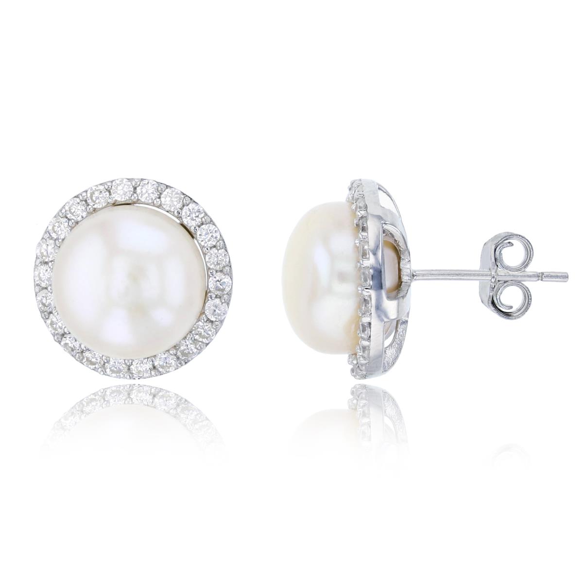Sterling Silver Rhodium 10mm Freshwater Pearl Halo Stud Earring
