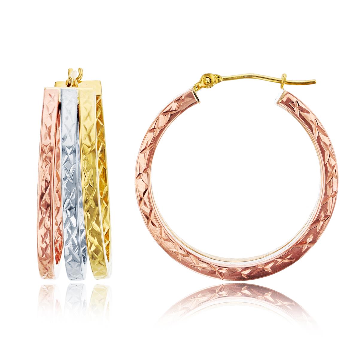 10K Tri-Color Gold 25x8mm "X" Diamond Cut 3-Strand Graduated Hoop Earring