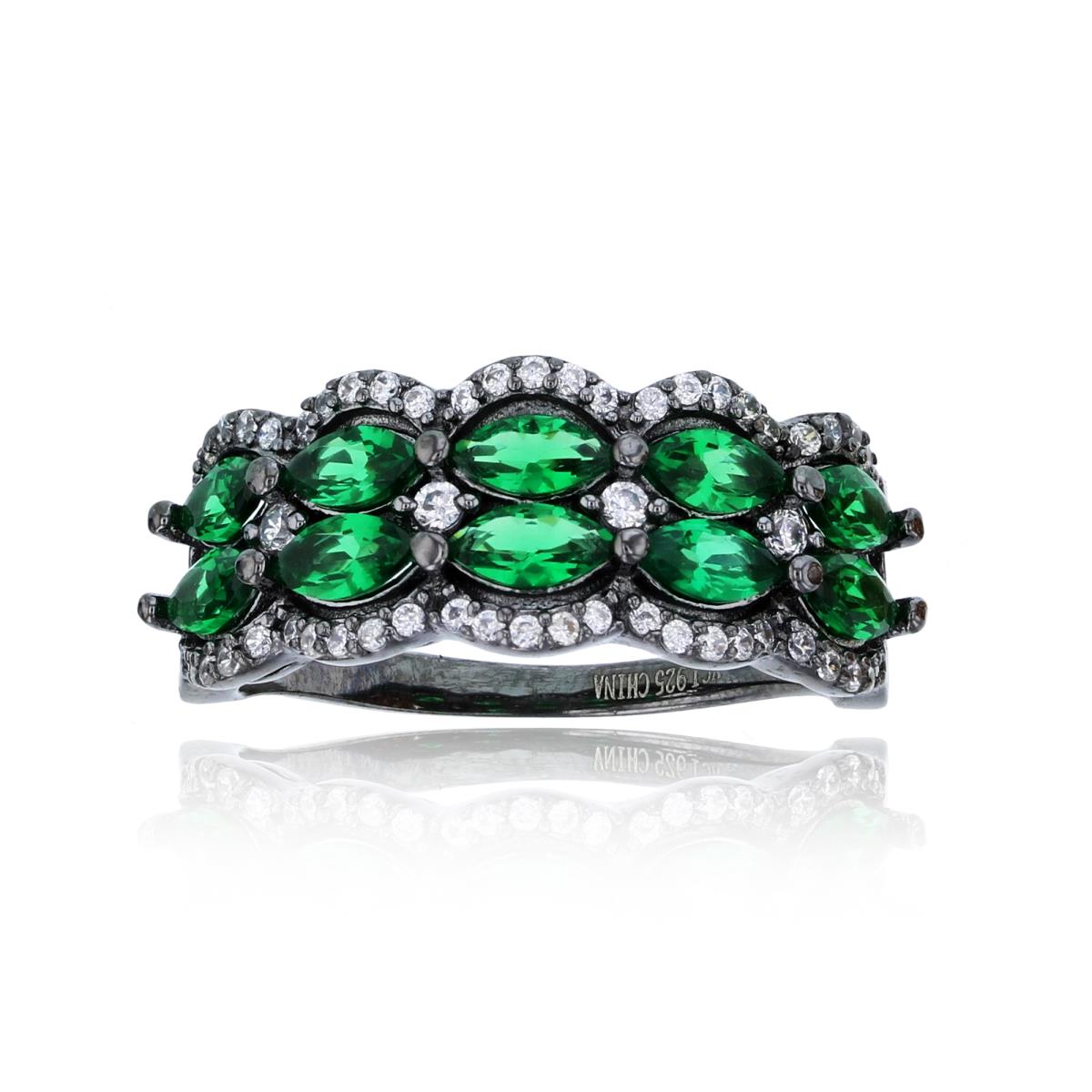 Sterling Silver Black 2-Row Green Marquise Cut CZ Fashion Ring