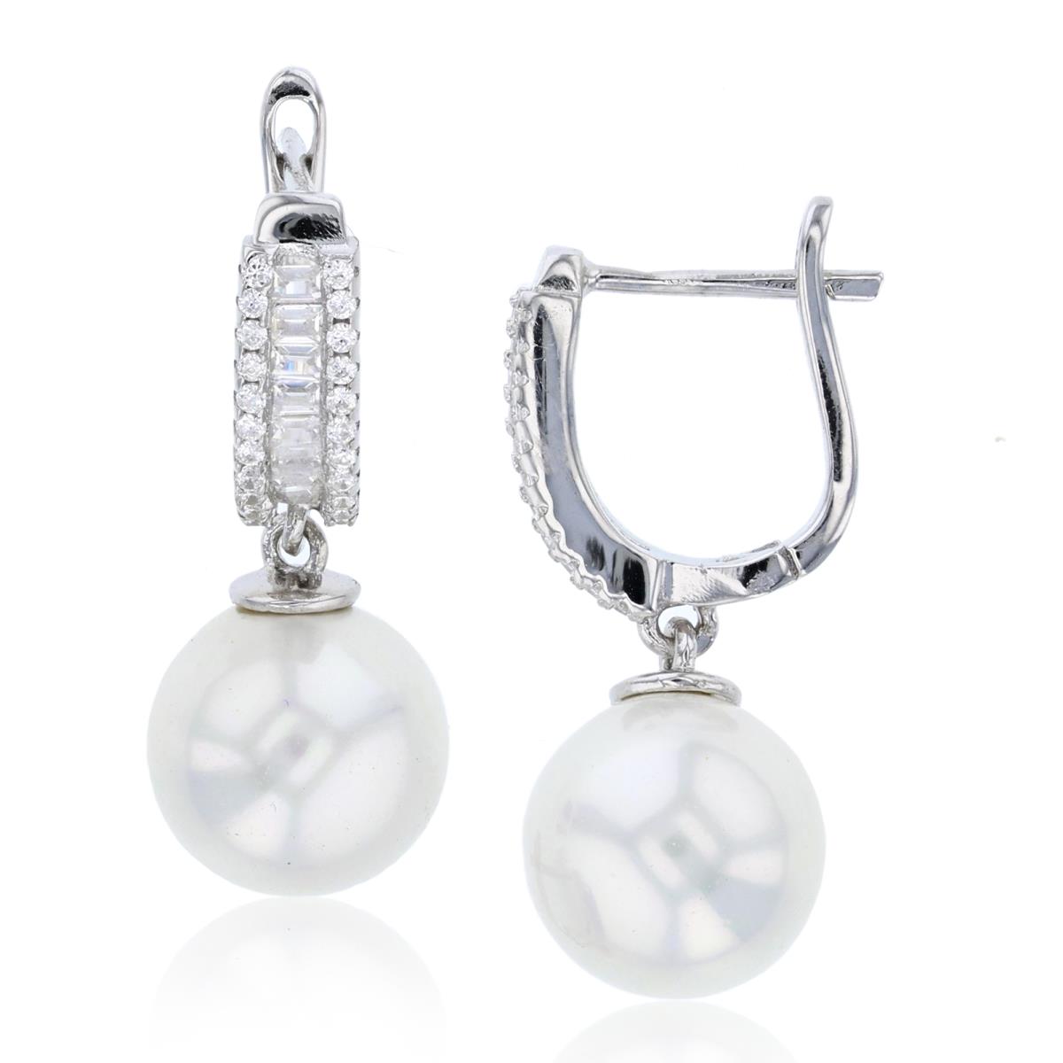 Sterling Silver Rhodium 10mm Freshwater Pearl with Rd & Baguette CZ Dangling Latchback Earring
