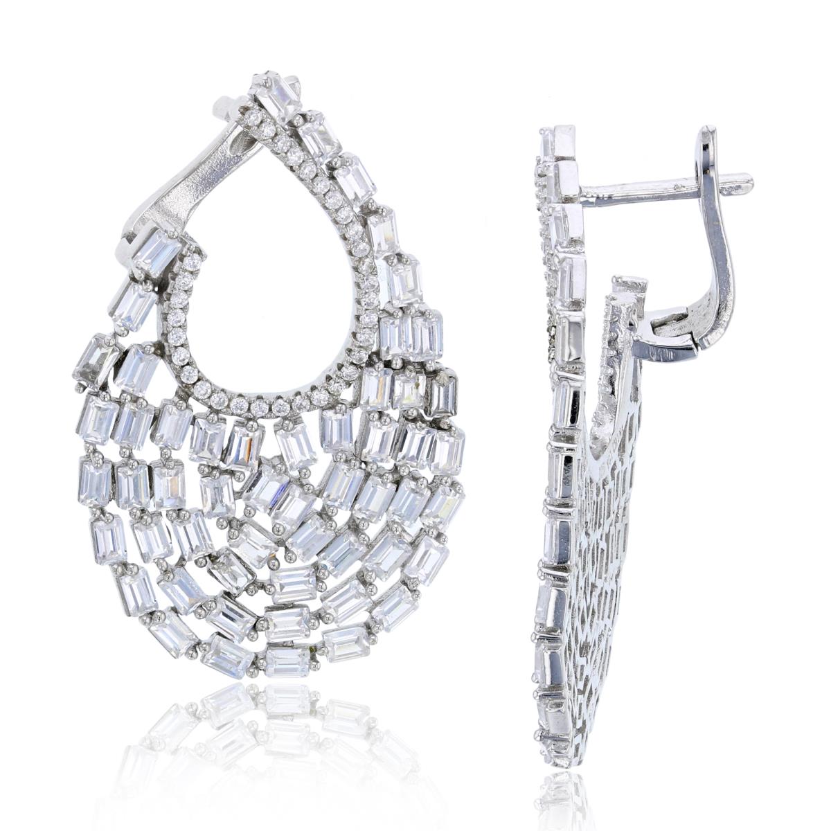 Sterling Silver Rhodium 35x23mm Tossed Baguette CZ Teardrop Earring