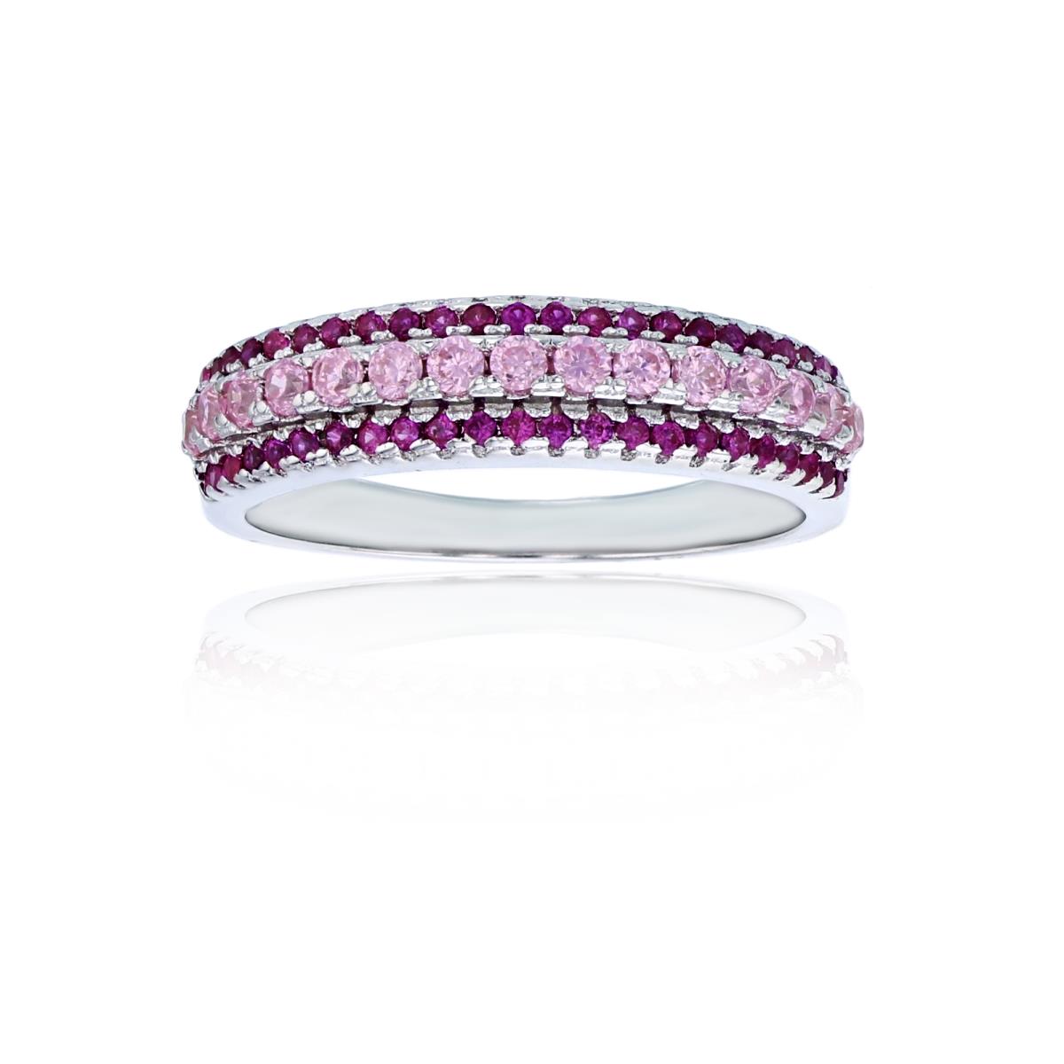 Sterling Silver Rhodium 3-Row Micropave Pink & Ruby Round Cut CZ Fashion Ring