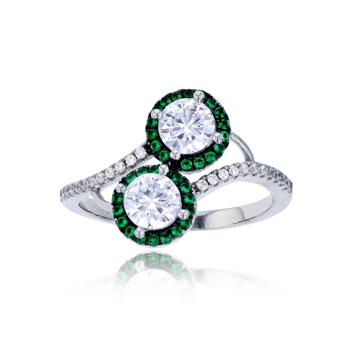 Sterling Silver Rhodium 5mm White Rd Cut CZ Emerald Halo Tree Branch Fashion Ring