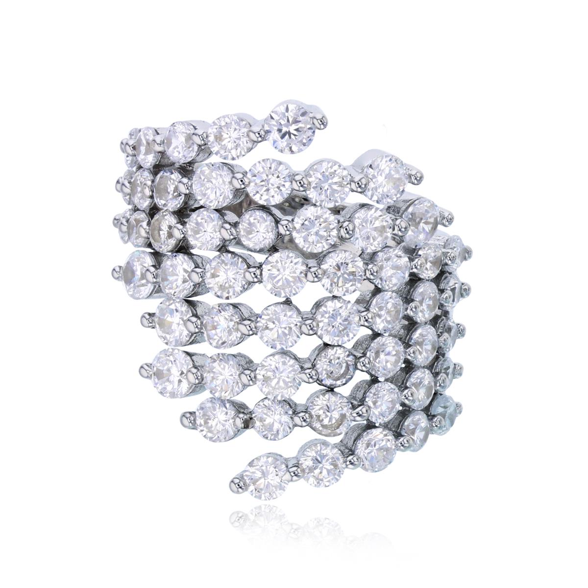 Sterling Silver Rhodium Multi-Row Pave Round Cut CZ 24mm Wide Ring