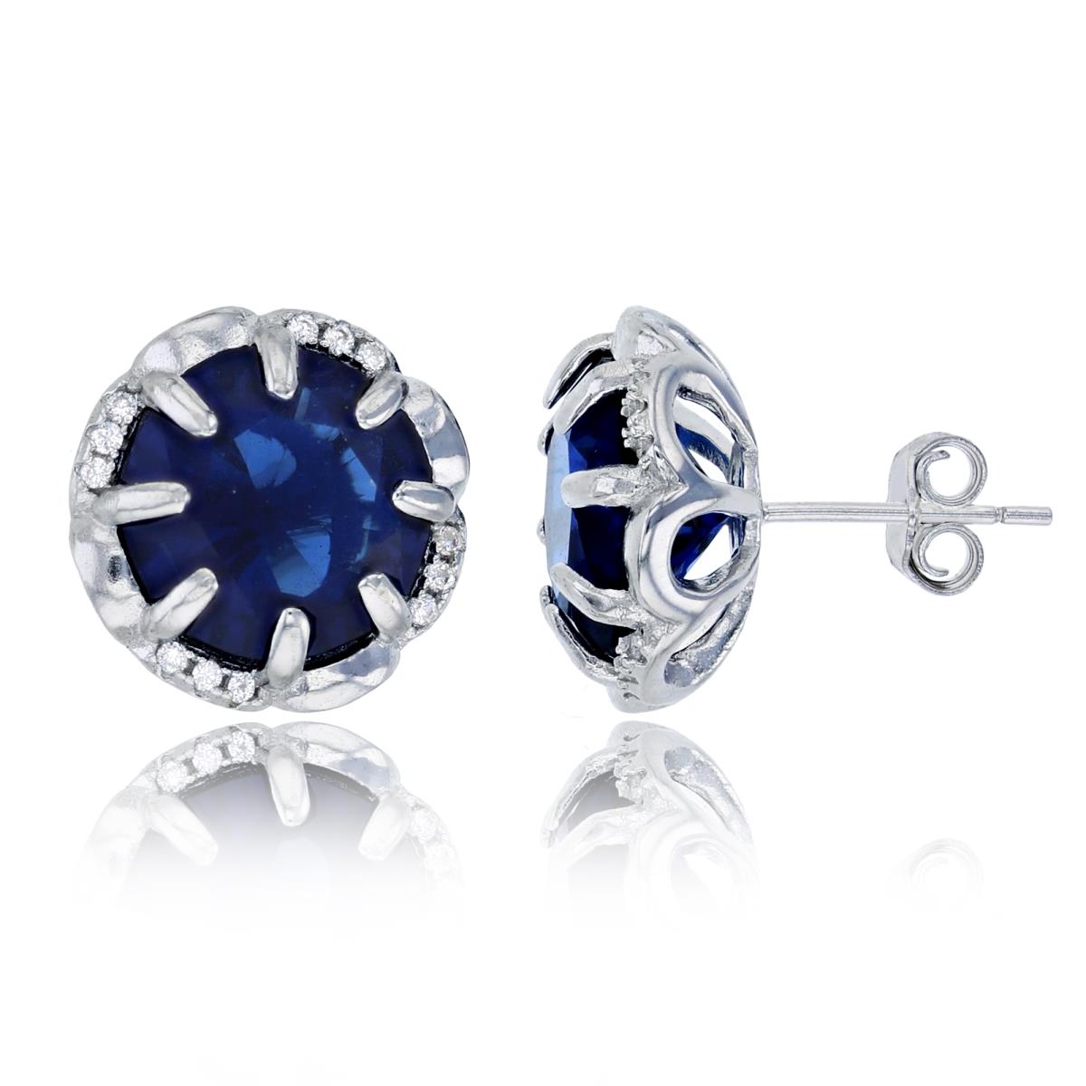 Sterling Silver Rhodium 10mm Sapphire Round Cut CZ 8-Prong Setting Stud Earring