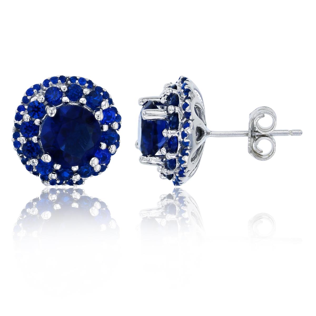 Sterling Silver Rhodium 7mm Sapphire Round Cut CZ Pave Circle Stud Earring