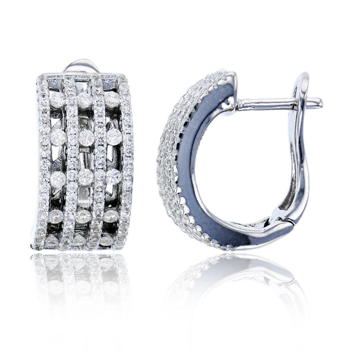 Sterling Silver Rhodium 17x9mm 4-Row Micropave Rd Cut CZ Huggie Earring