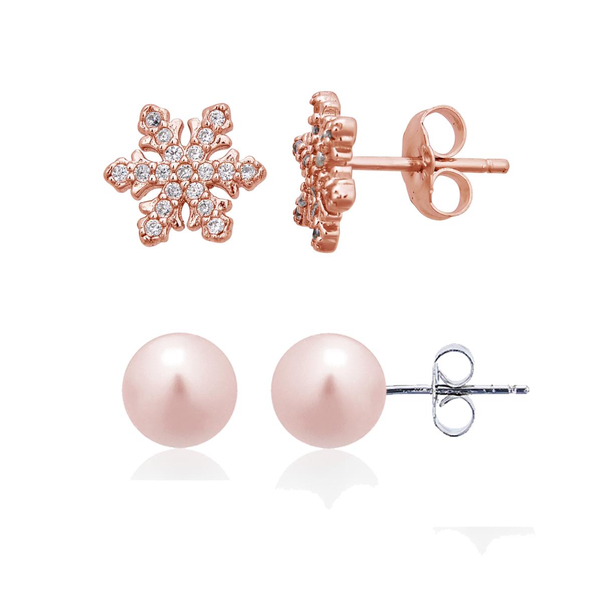 Sterling Silver Rhodium Pink 5-6MM Freshwater Pearl & Rose Snowflake Stud Earring Set