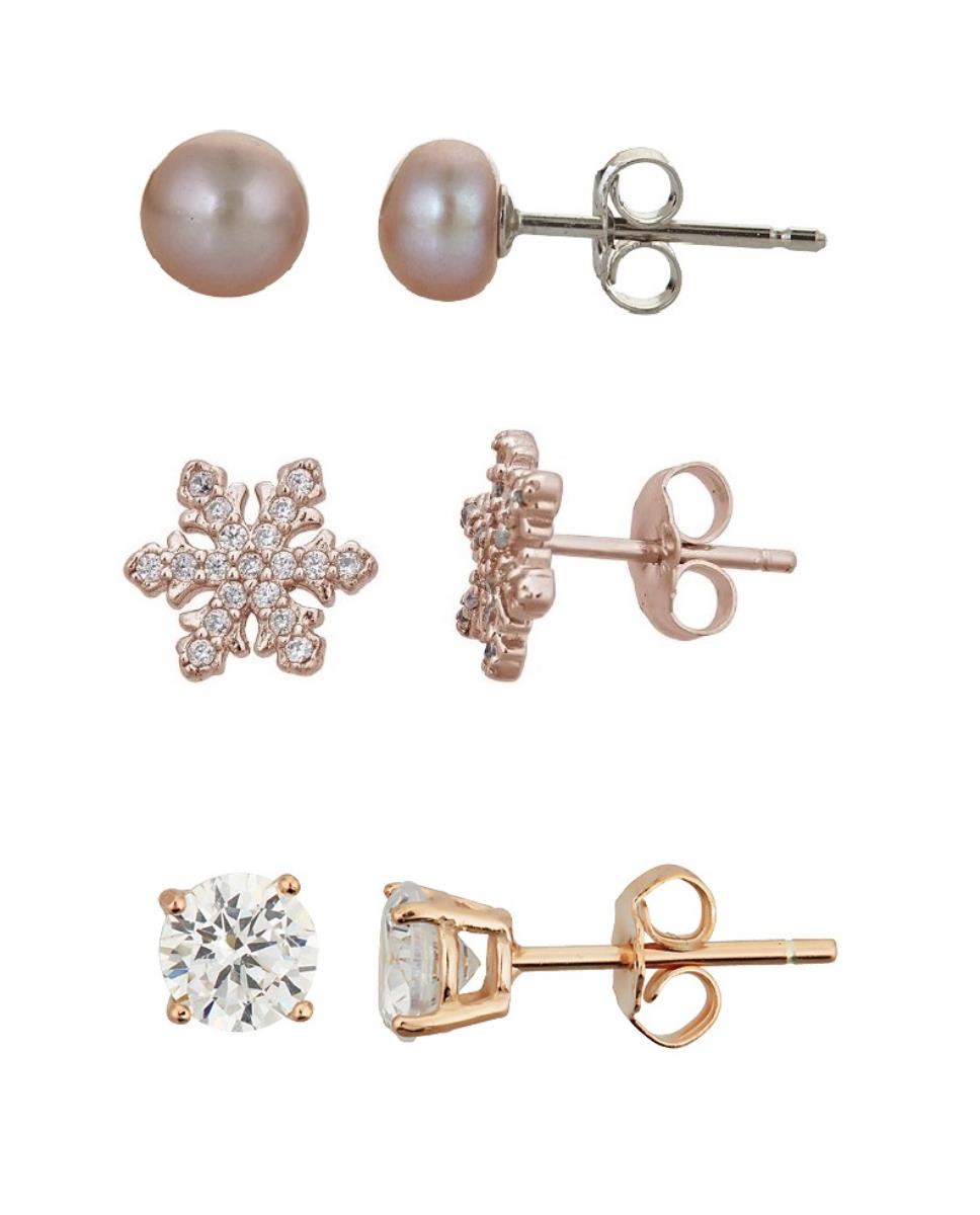 Sterling Silver Rhodium Pink 5-6MM Freshwater Pearl; Rose Snowflake & Rose 5.00mm Rd Stud Earring Set