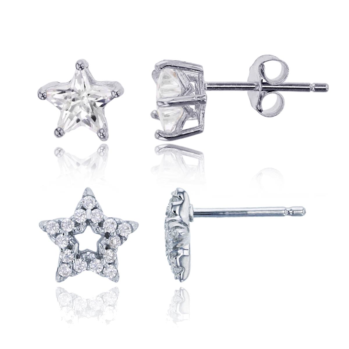 Sterling Silver Rhodium Micropave 7mm Open Center Star & 5x5mm AAA Star Solitaire Stud Earring Set