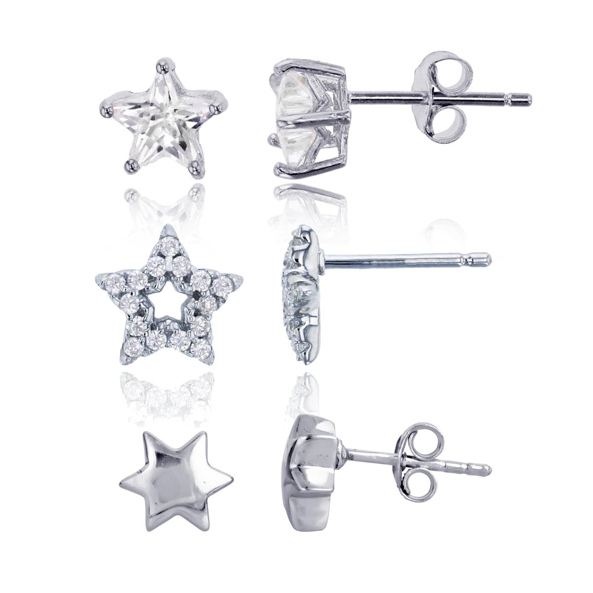 Sterling Silver Rhodium Micropave 7mm Open Center Star; 5x5mm Star Solitaire & Star Stud Earring Set