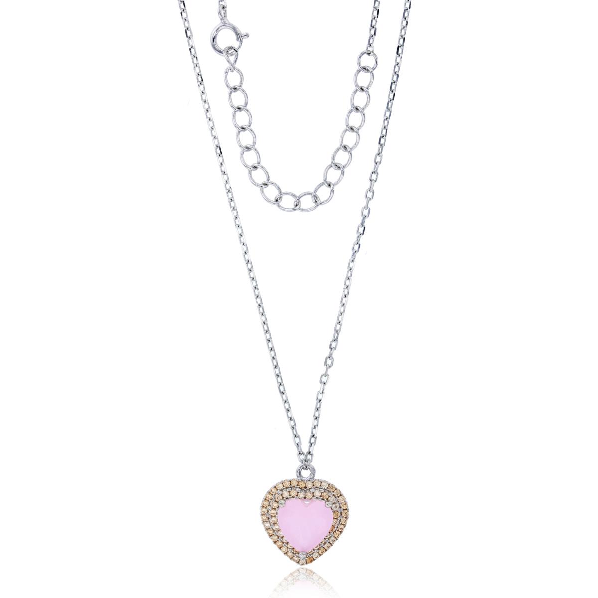 Sterling Silver Rhodium 8mm Pink Heart Cut CZ Champagne Double Halo 16"+2" Necklace