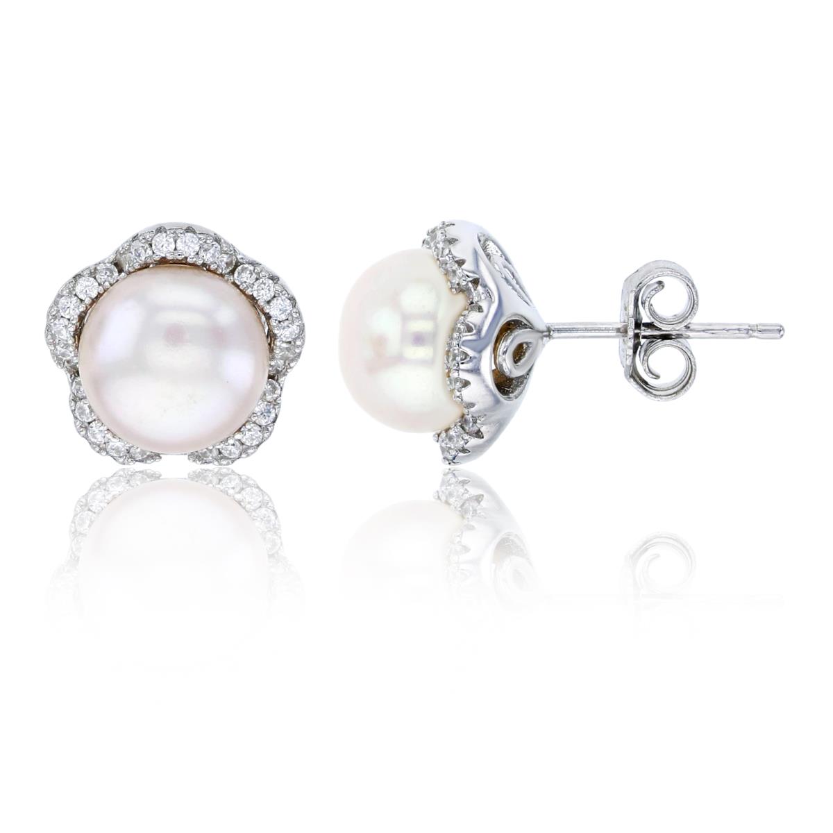 Sterling Silver Rhodium 8mm Freshwater Pearl Micropave CZ Flower Stud Earring