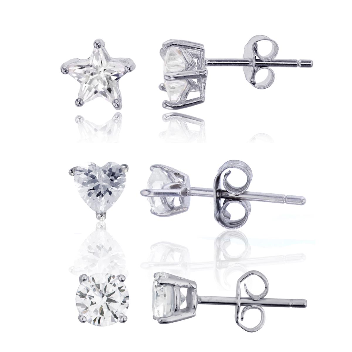 Sterling Silver Rhodium AAA 4x4mm Heart; 5x5mm Star & 5.00mm Round Solitaire Stud Earring Set