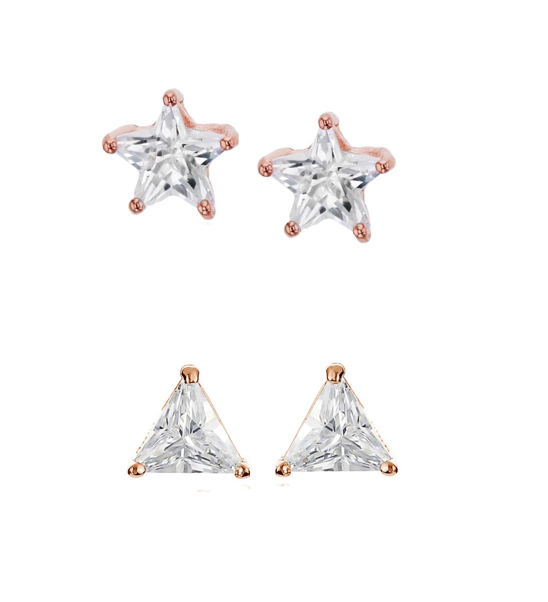 Sterling Silver Rose 5x5mm AAA Trillion & Star Solitaire Stud Earring Set