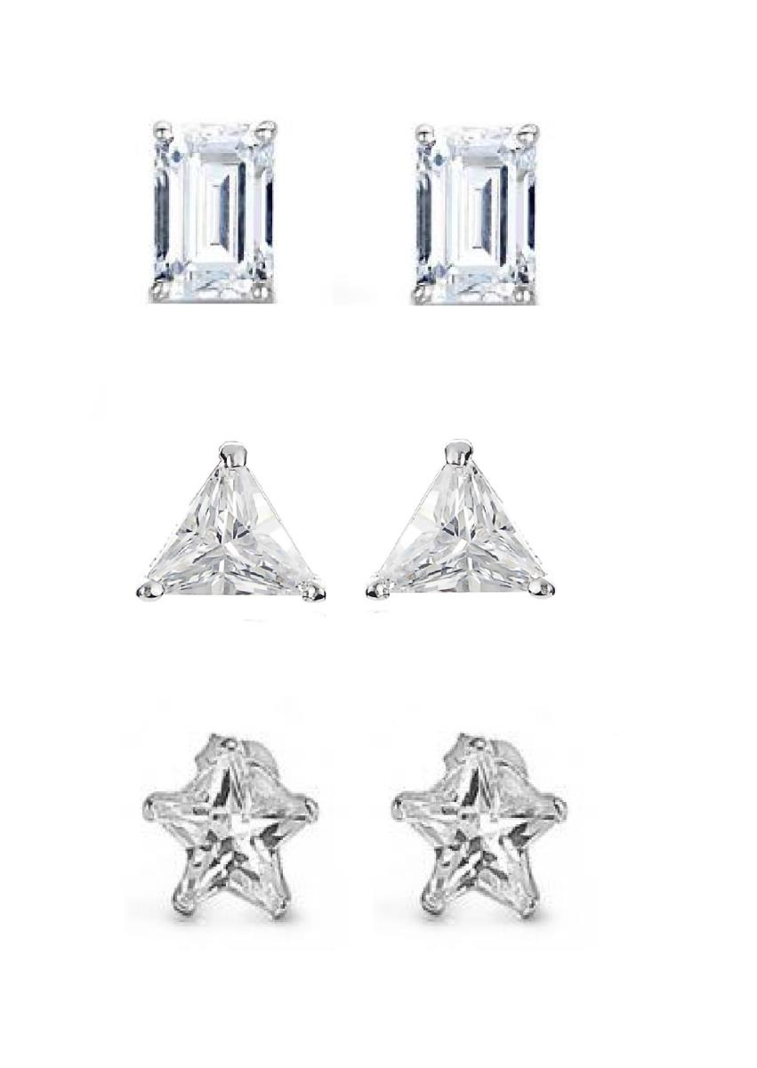 Sterling Silver Rhodium AAA 5x5mm Trillion; 5x7mm Emerald & 4x4mmStar Solitaire Stud Earring Set