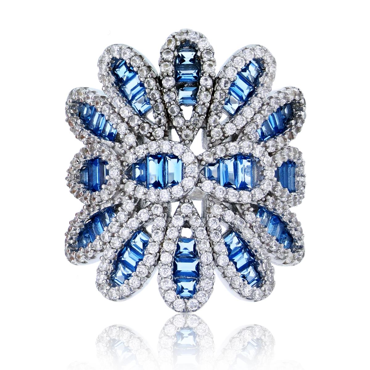 Sterling Silver Rhodium Micropave White Rd & Sky Blue Baguette CZ Flower Petals Cocktail Ring