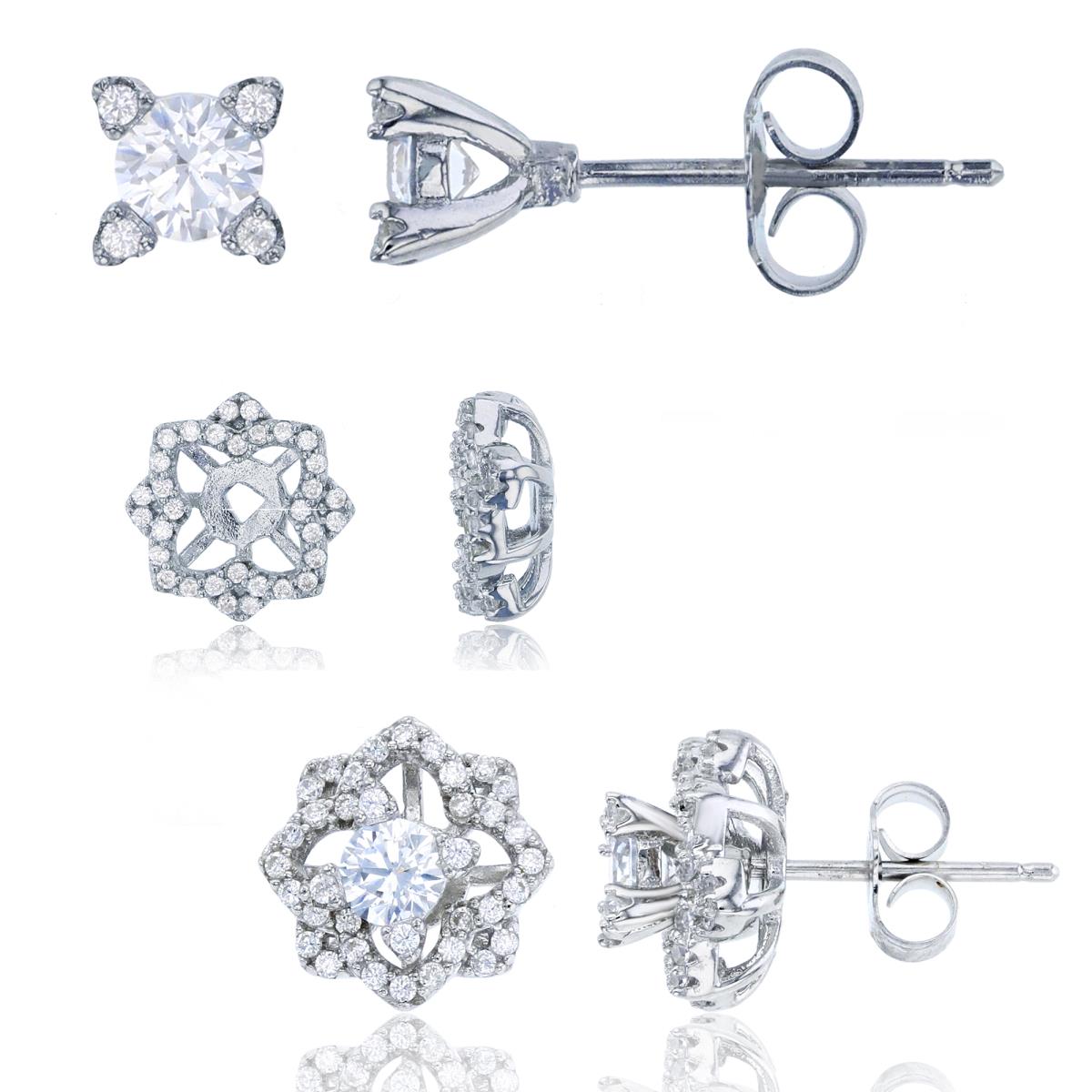 Sterling Silver Rhodium 4mm Rd Cut CZ with Removable Clover Frame Stud Earring