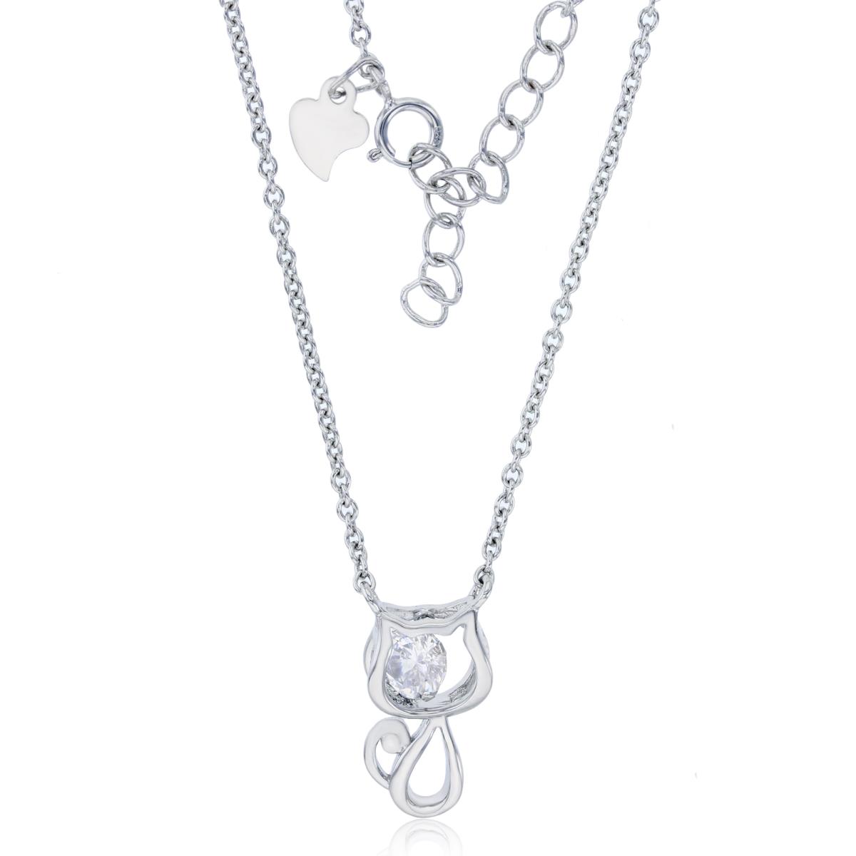 Sterling Silver Rhodium 5mm Rd Cut CZ Cat Silhouette 16"+1" Necklace