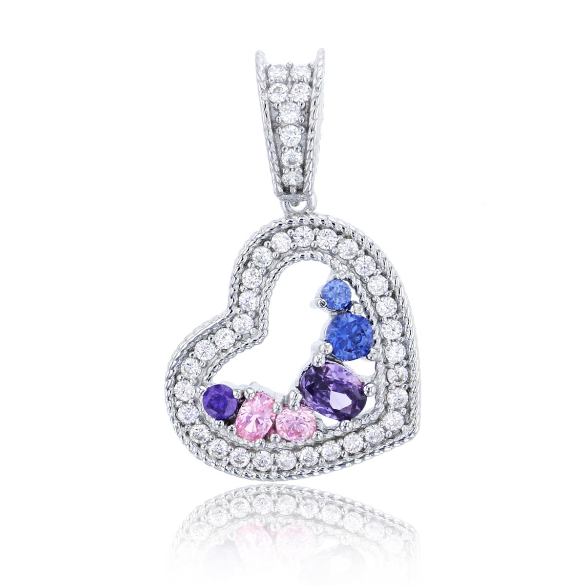 Sterling Silver Rhodium 25x15mm Micropave Open Heart with Multi-Color Rd & Oval Cut CZ Pendant
