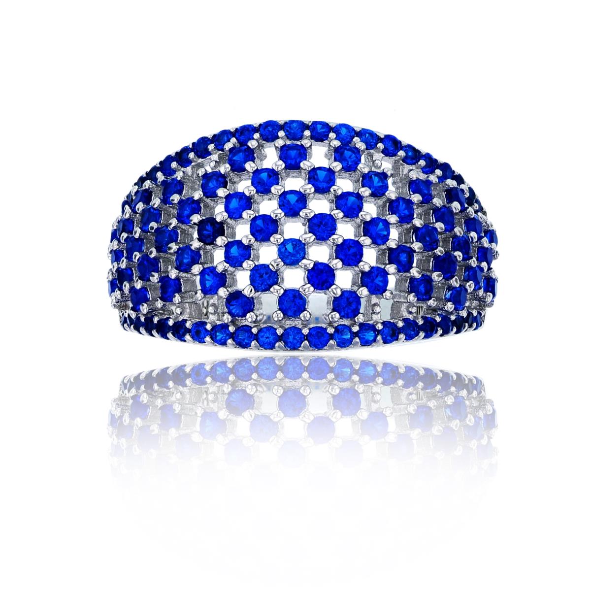 Sterling Silver Rhodium Micropave Sapphire Rd Cut CZ Honeycomb Domed Fashion Ring