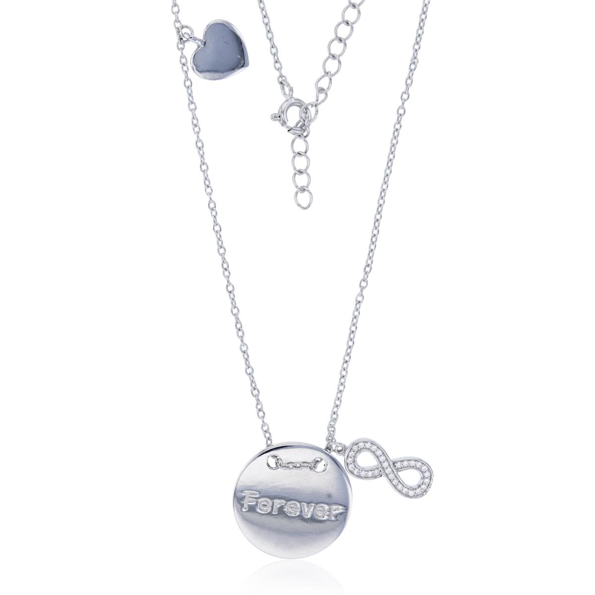 Sterling Silver Rhodium "Forever" Engraved Plate with Dangling Heart & Infinity 16"+2" Necklace