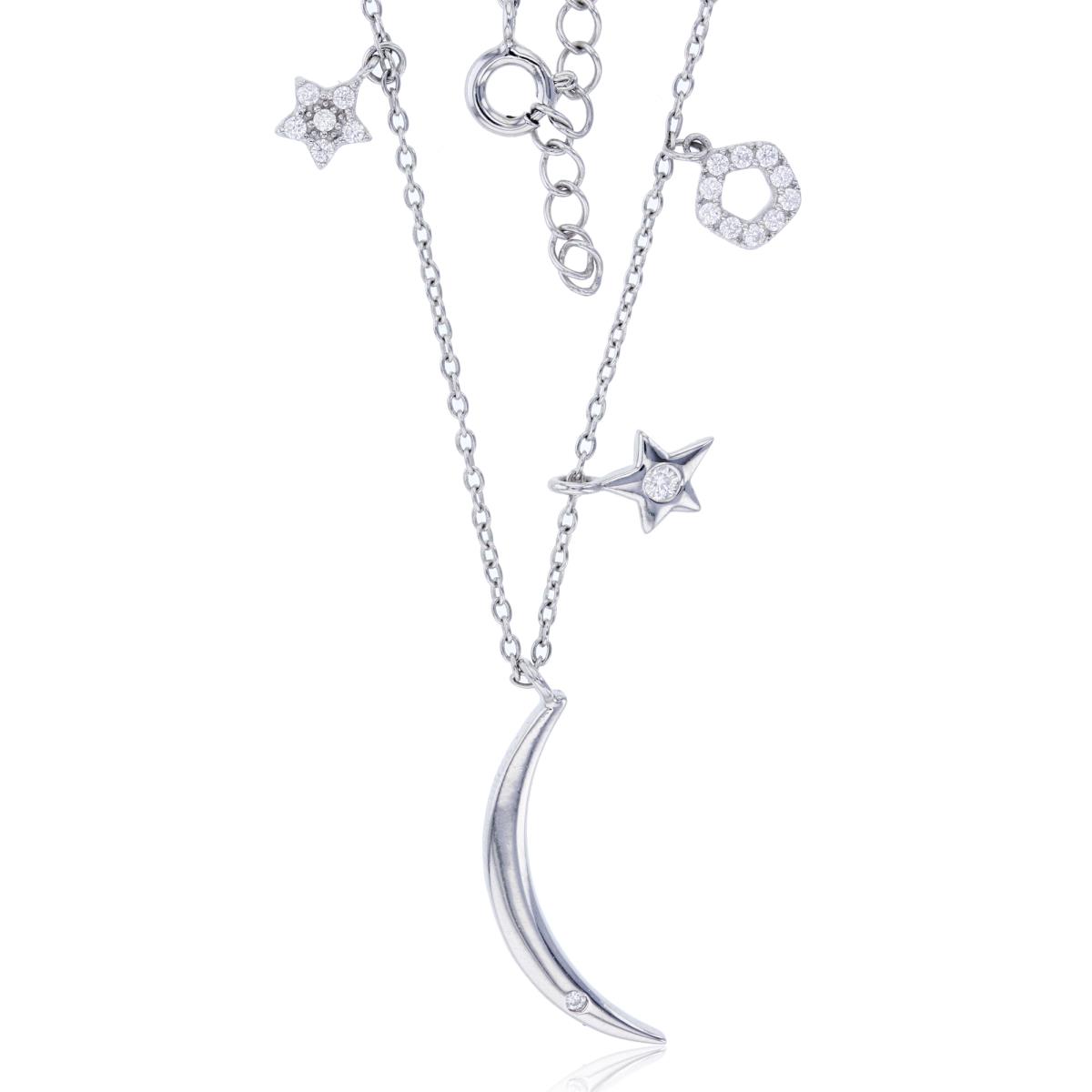 Sterling Silver Rhodium Crescent Moon with Dangling Star & Pentagon 16"+2" Necklace