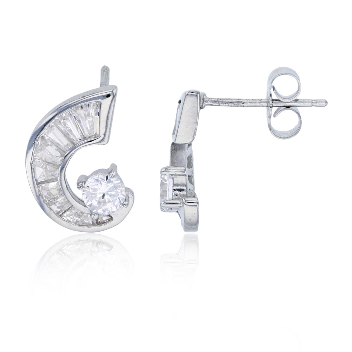 Sterling Silver Rhodium 4mm Rd Cut & Baguette CZ Curl Stud Earring