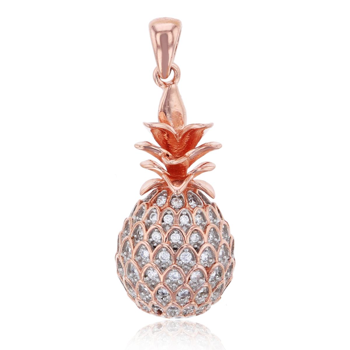 Sterling Silver Rose 32x12mm Pineapple with Rd Cut CZ Pendant