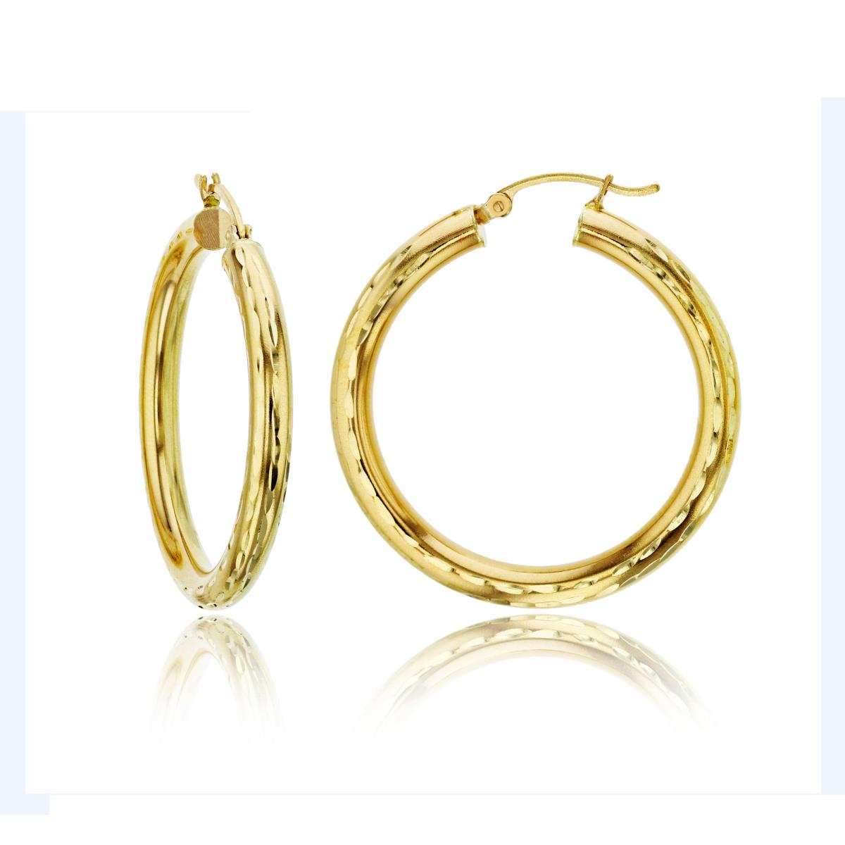 14K Yellow Gold 4X35MM Full Diamond Cut Hoop Earrings