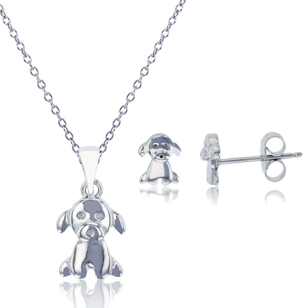 Sterling Silver Rhodium Polished Puppy 13"+2" Necklace & Earring Set