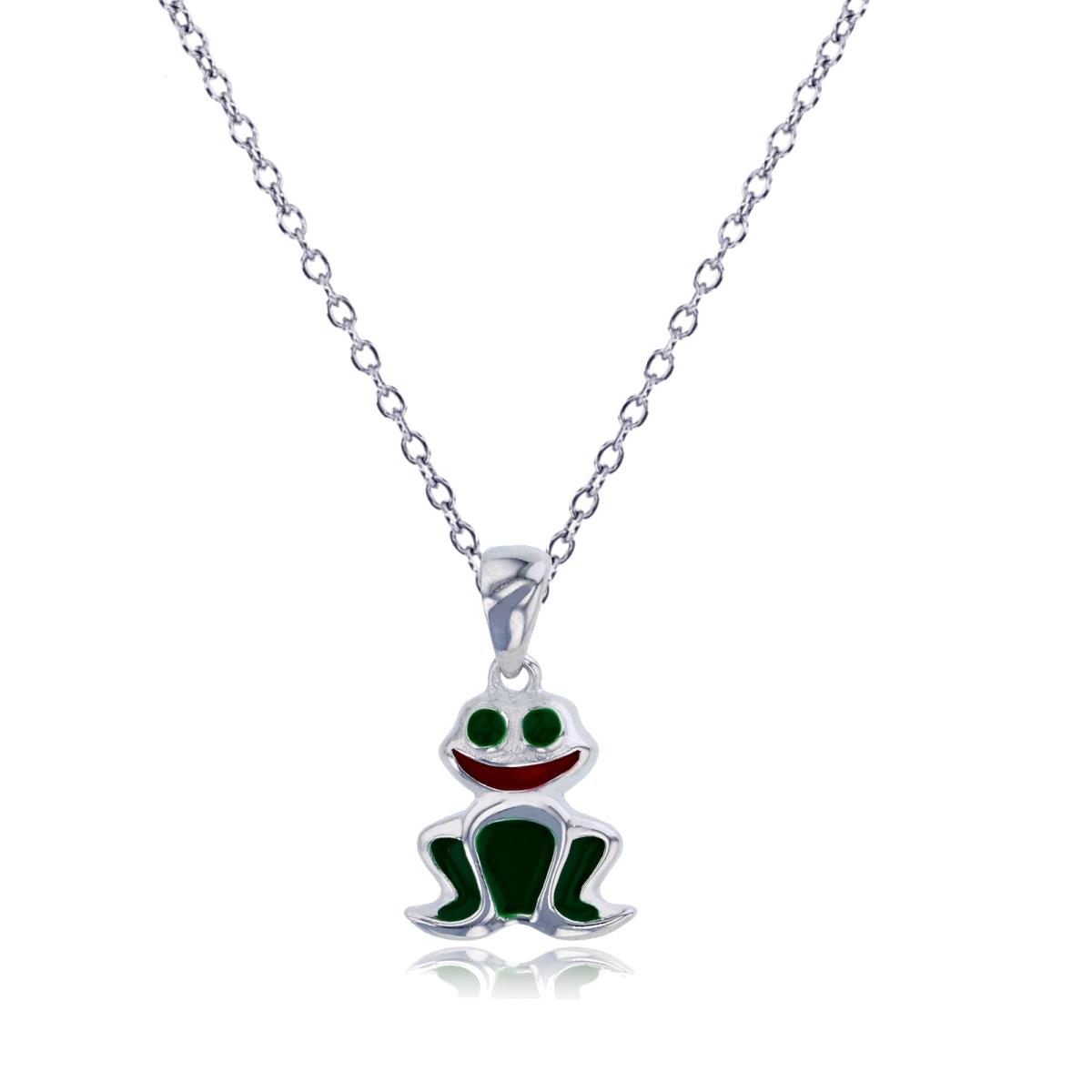 Sterling Silver Rhodium 19x11mm Red & Green Enamel Smiling Frog 13"+2" Necklace