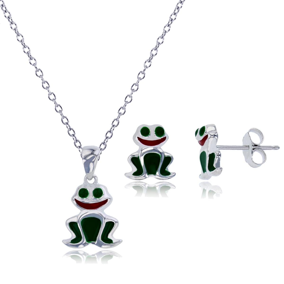 Sterling Silver Rhodium Red & Green Enamel Smiling Frog 13"+2" Necklace & Earring Set