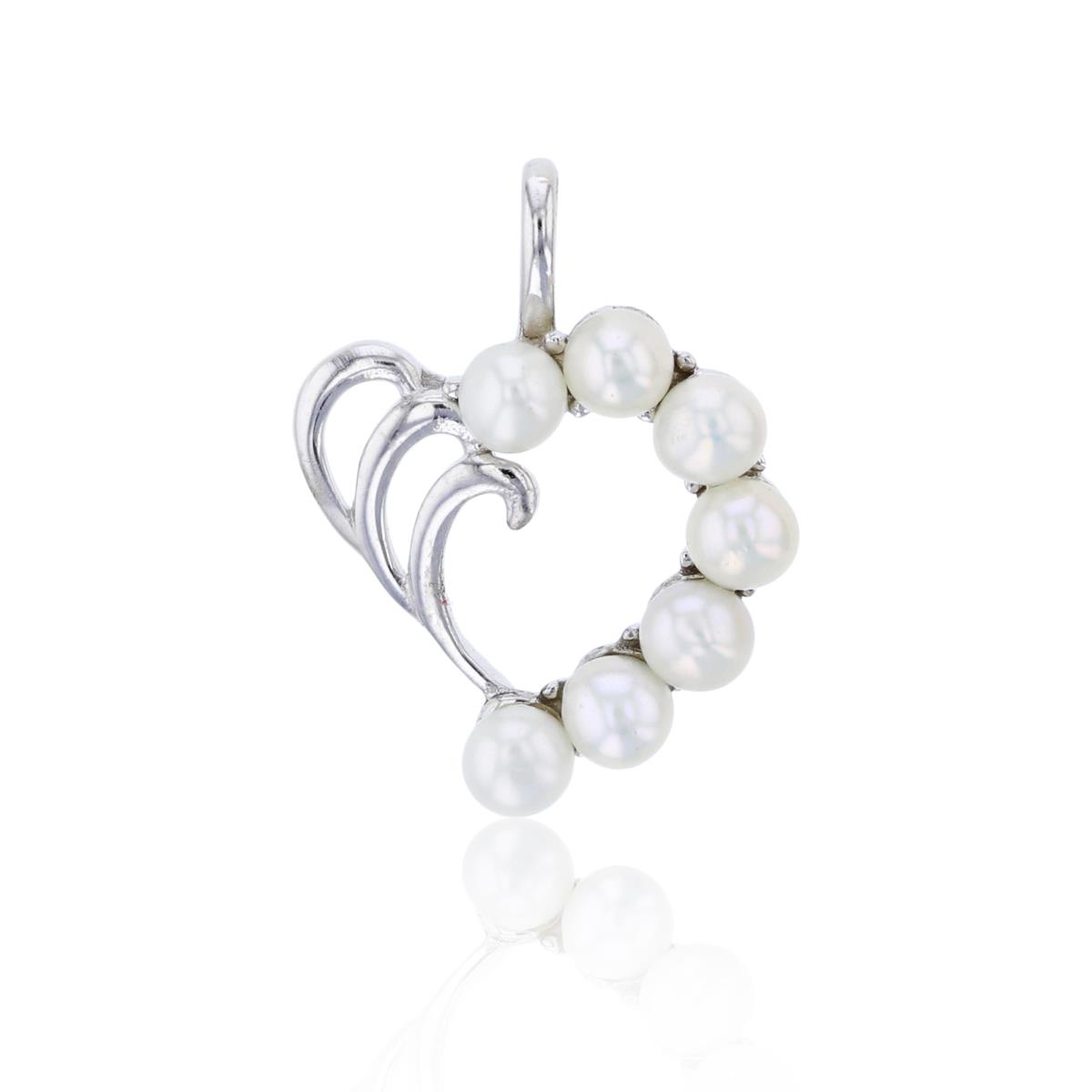 Sterling Silver Rhodium 3mm Freshwater Pearls Open Heart Pendant