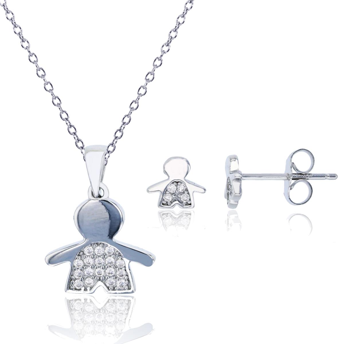 Sterling Silver Rhodium Polished & CZ Little Boy 13"+2" Necklace & Earring Set